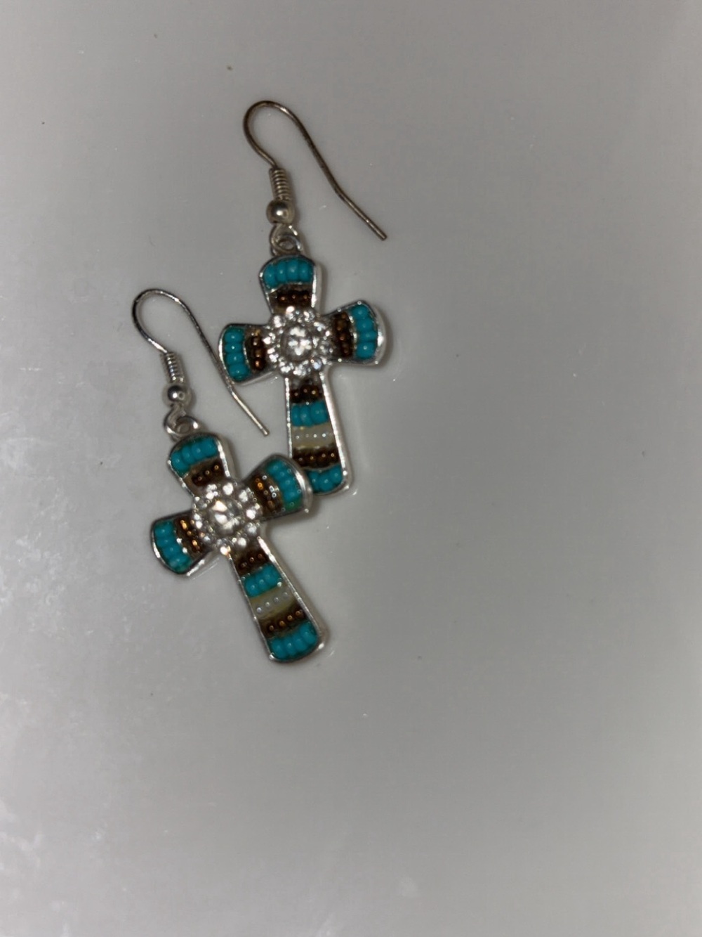 Turquoise Cross Drop Earrings - Silver Tone
